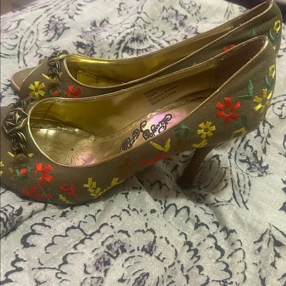 Y2K Naughty Monkey Flower embroidery Floral Peep Toe Heels Spring Wood - Picture 4 of 6